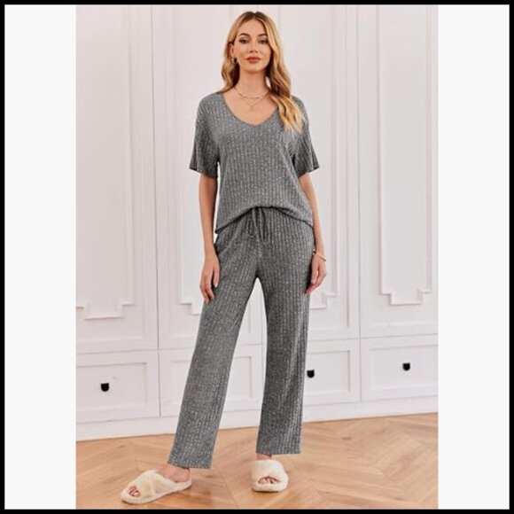 Ribbed Knit Lounge Set Short Sleeve V-Neck Top Long Pants Pajama - Picture 2 of 7
